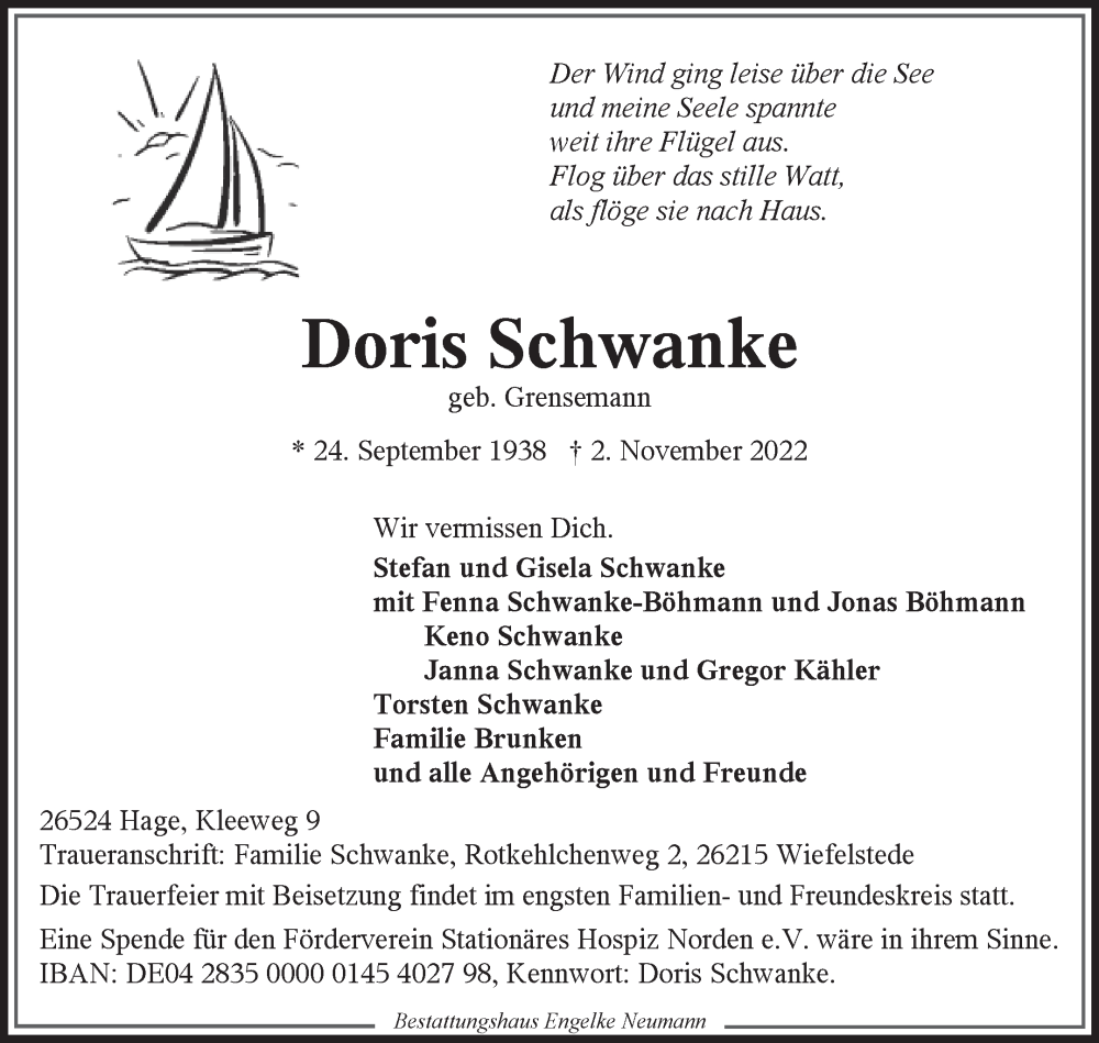  Traueranzeige für Doris Schwanke vom 05.11.2022 aus 