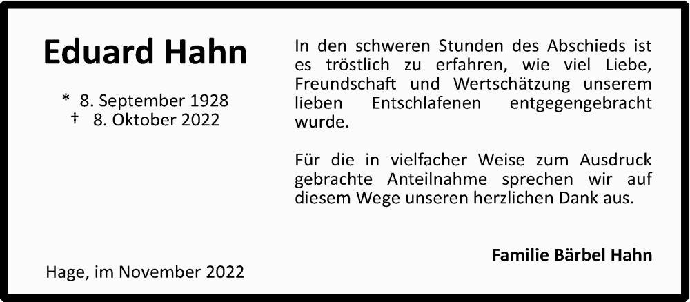  Traueranzeige für Eduard Hahn vom 14.11.2022 aus 