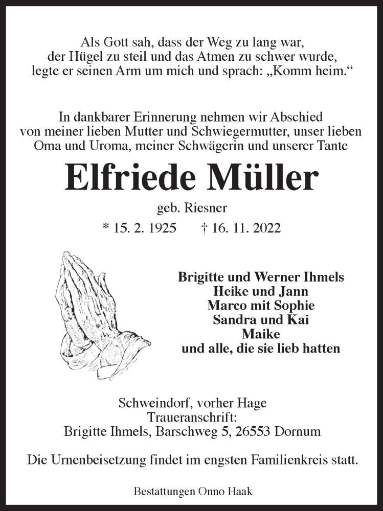  Traueranzeige für Elfriede Müller vom 17.11.2022 aus 