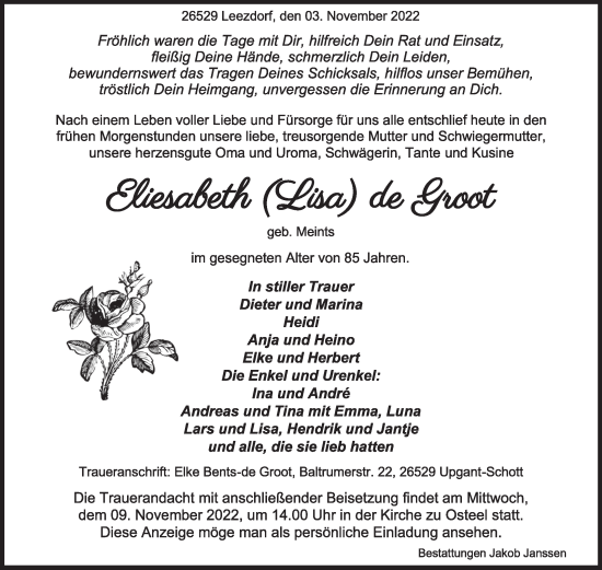 Traueranzeige von Elisabeth de Groot 