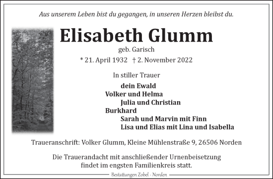 Traueranzeige von Elisabeth Glumm 