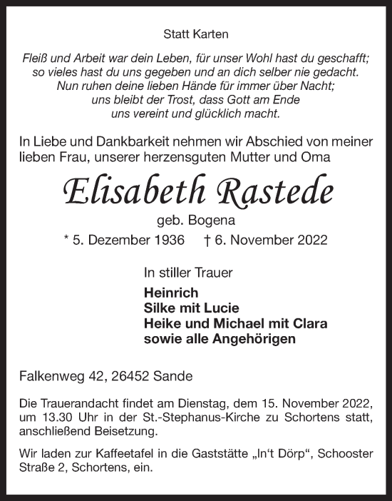 Traueranzeige von Elisabeth Rastede 