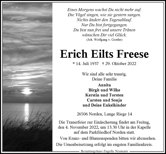 Traueranzeige von Erich Eilts Freese 