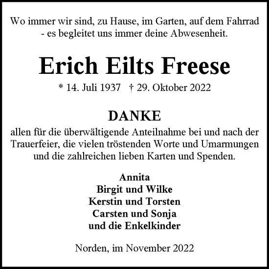 Traueranzeige von Erich Eilts Freese 