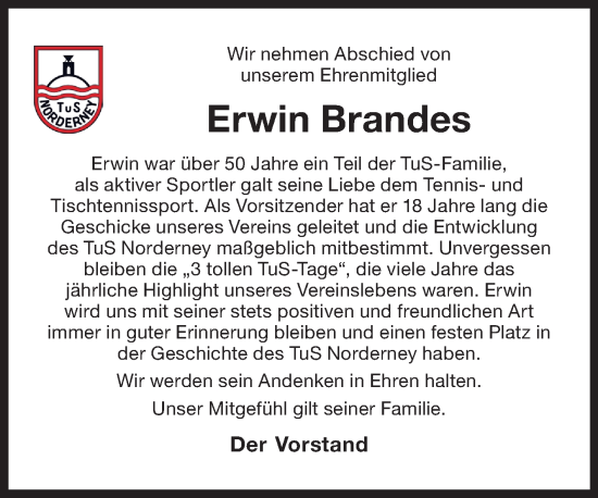 Traueranzeige von Erwin Brandes 