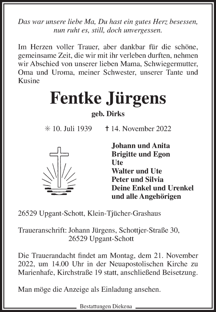 Traueranzeige für Fentke Jürgens vom 16.11.2022 aus 