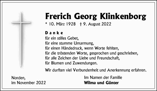Traueranzeige von Frerich Georg Klinkenborg 
