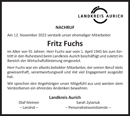 Traueranzeige von Fritz Fuchs 