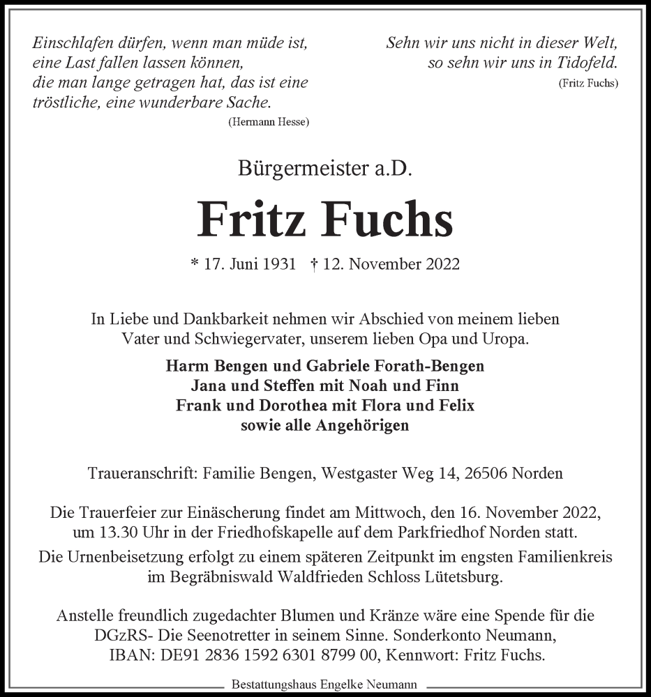  Traueranzeige für Fritz Fuchs vom 15.11.2022 aus 