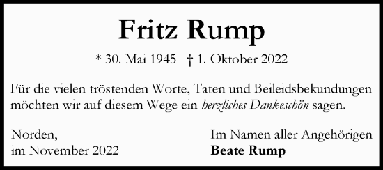 Traueranzeige von Fritz Rump 