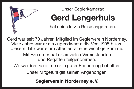 Traueranzeige von Gerd Lengerhuis 