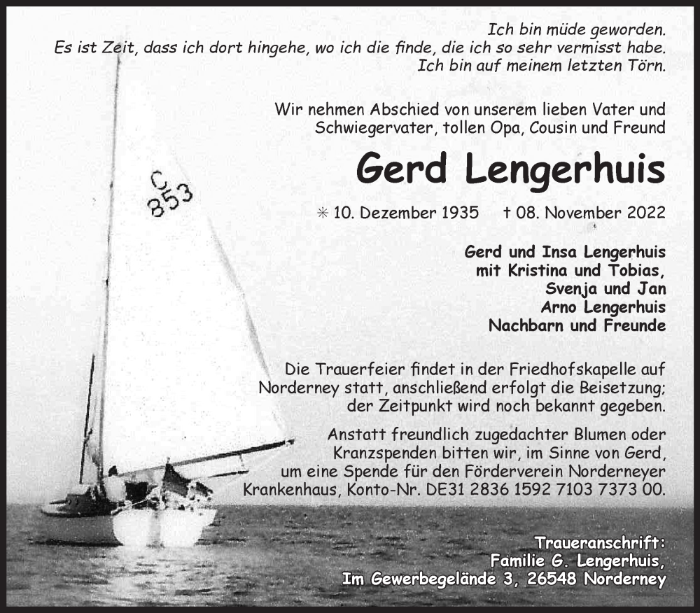 Traueranzeige für Gerd Lengerhuis vom 14.11.2022 aus 