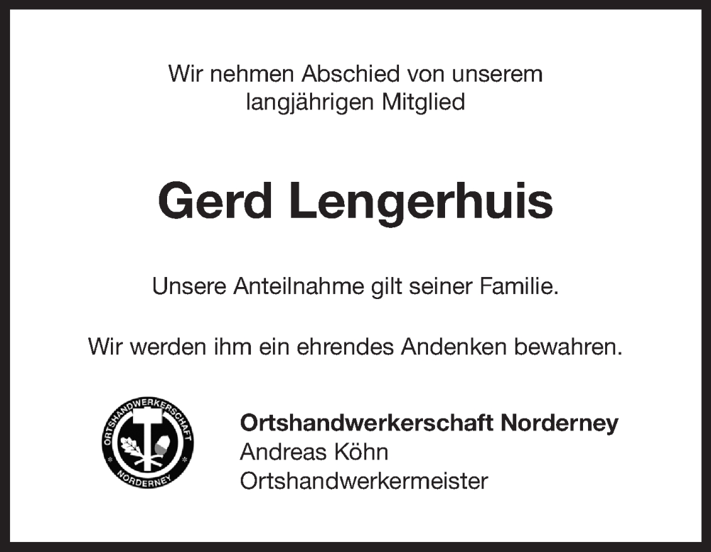  Traueranzeige für Gerd Lengerhuis vom 15.11.2022 aus 