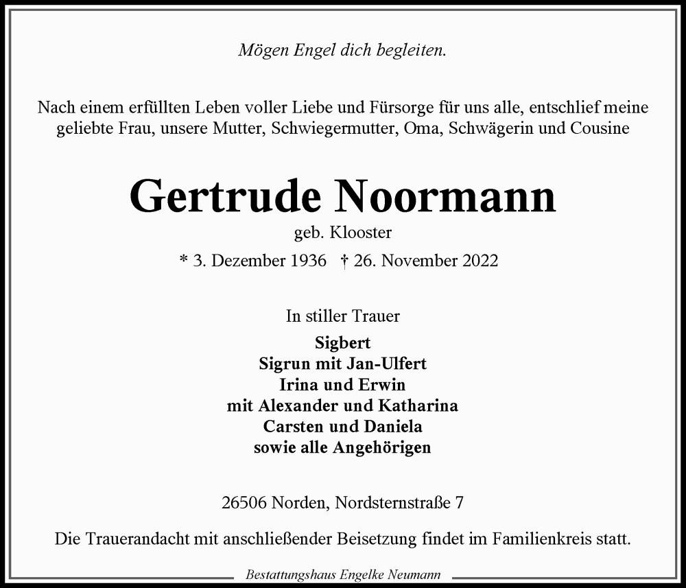  Traueranzeige für Gertrude Noormann vom 28.11.2022 aus 