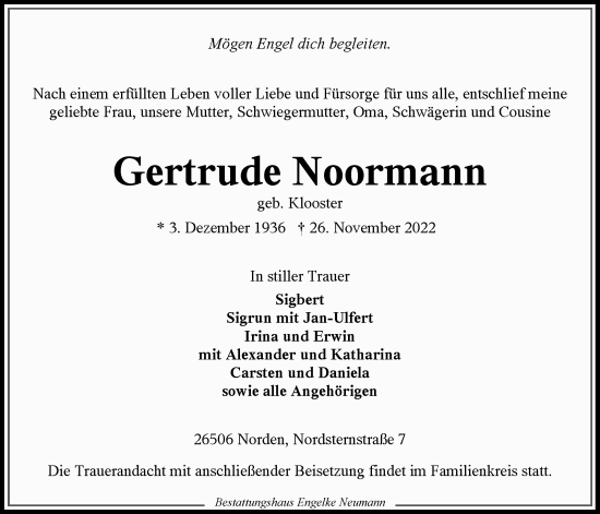 Traueranzeige von Gertrude Noormann 