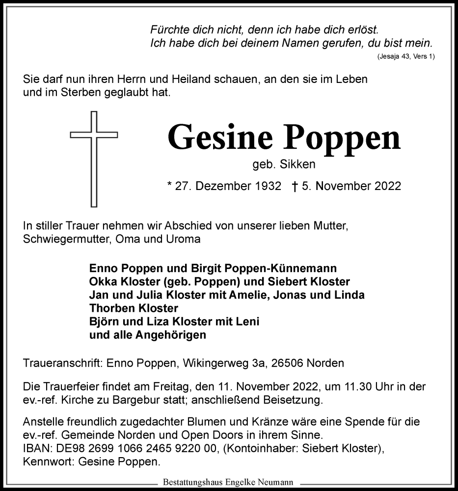  Traueranzeige für Gesine Poppen vom 07.11.2022 aus 