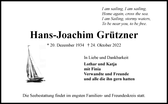 Traueranzeige von Hans-Joachim Grützner 