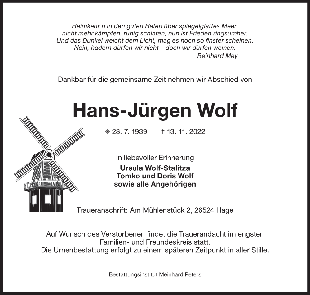  Traueranzeige für Hans-Jürgen Wolf vom 19.11.2022 aus 