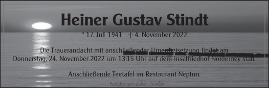 Traueranzeige von Heiner Gustav Stindt 