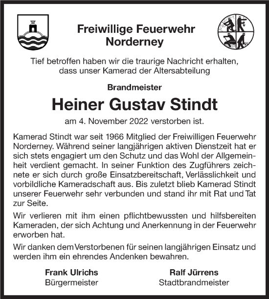 Traueranzeige von Heiner Gustav Stindt 