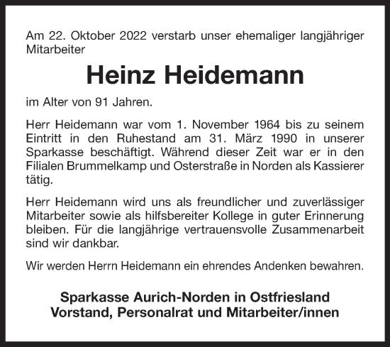 Traueranzeige von Heinz Heidemann 