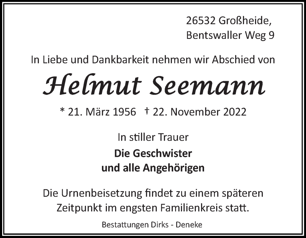  Traueranzeige für Helmut Seemann vom 26.11.2022 aus 