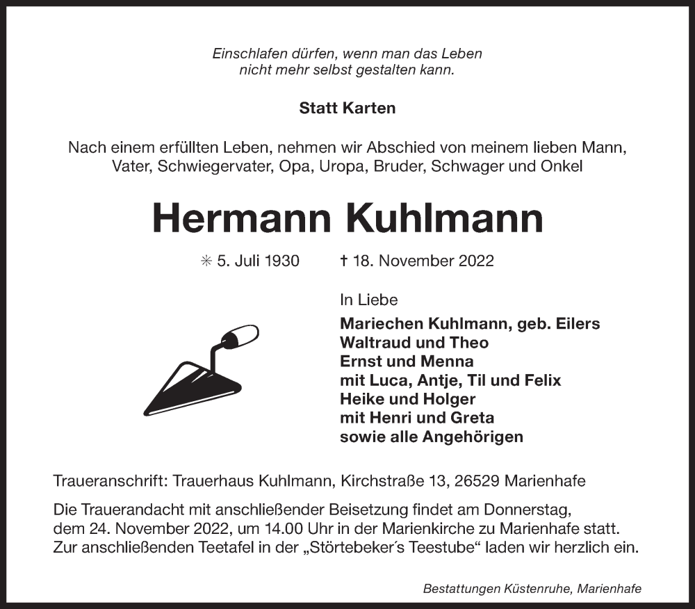  Traueranzeige für Hermann Kuhlmann vom 22.11.2022 aus 