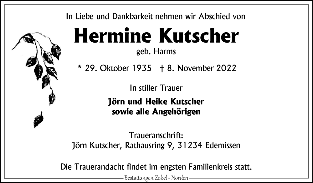  Traueranzeige für Hermine Kutscher vom 15.11.2022 aus 