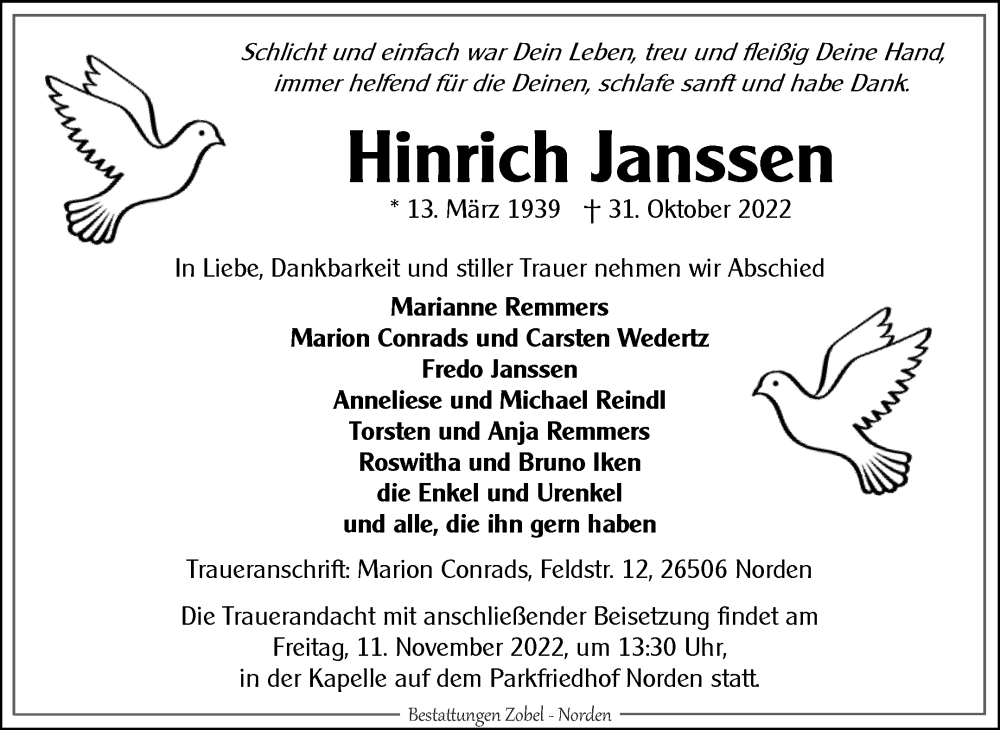  Traueranzeige für Hinrich Janssen vom 05.11.2022 aus 