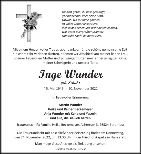 Traueranzeige von Inge Wunder 