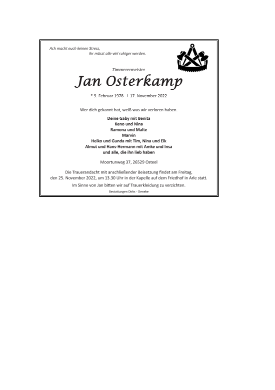 Traueranzeige von Jan Osterkamp 