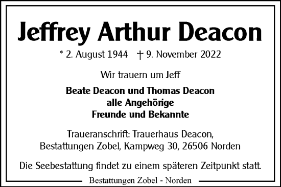 Traueranzeige von Jeffrey Arthur Deacon 