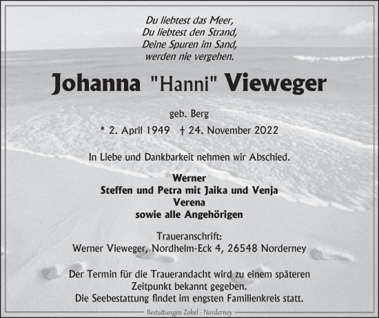 Traueranzeige von Johanna Vieweger 