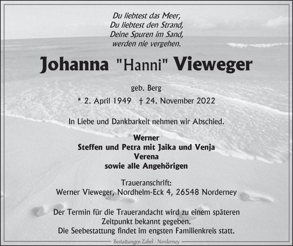  Traueranzeige für Johanna Vieweger vom 30.11.2022 aus 