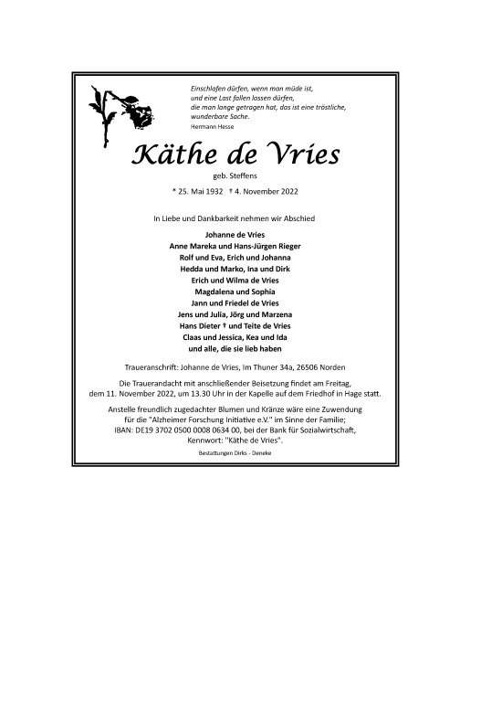 Traueranzeige von Käthe de Vries 