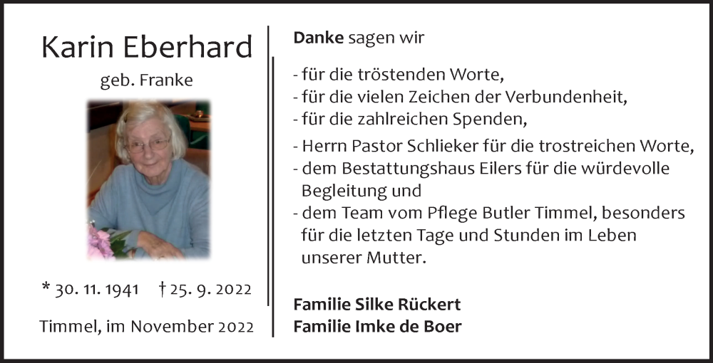  Traueranzeige für Karin Eberhard vom 14.11.2022 aus 