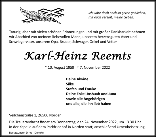 Traueranzeige von Karl-Heinz Reemts 