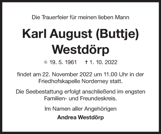 Traueranzeige von Karl August Westdörp 