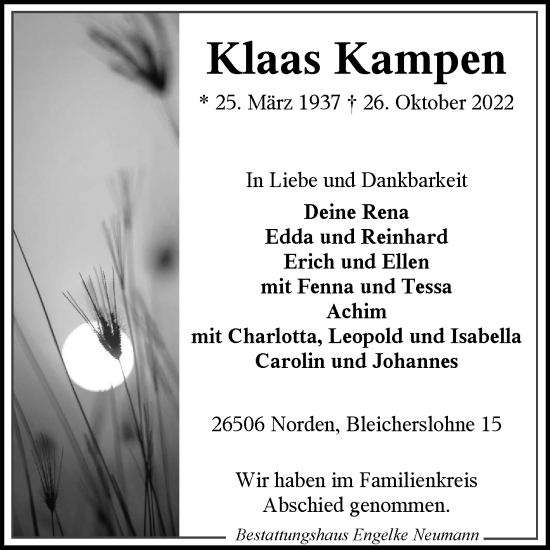 Traueranzeige von Klaas Kampen 