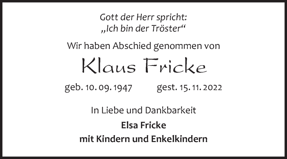  Traueranzeige für Klaus Fricke vom 21.11.2022 aus 