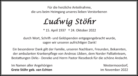 Traueranzeige von Ludwig Stöhr 