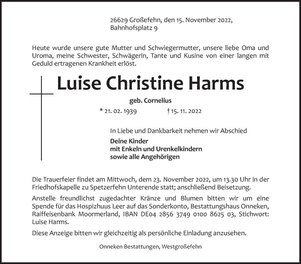  Traueranzeige für Luise Christine Harms vom 19.11.2022 aus 