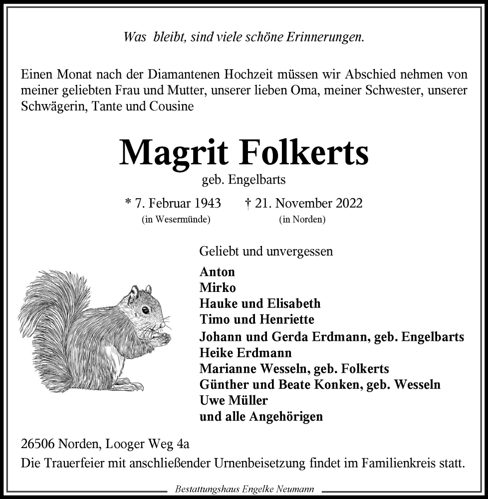  Traueranzeige für Magrit Folkerts vom 26.11.2022 aus 