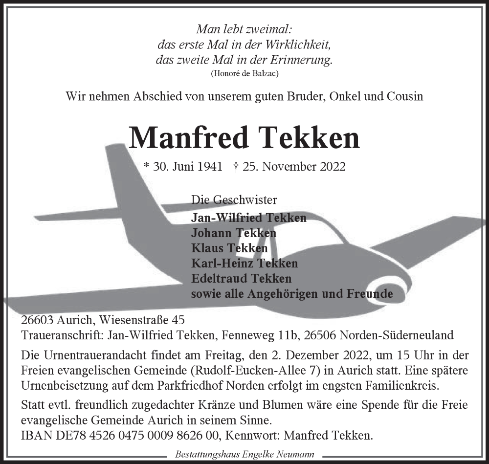  Traueranzeige für Manfred Tekken vom 29.11.2022 aus 