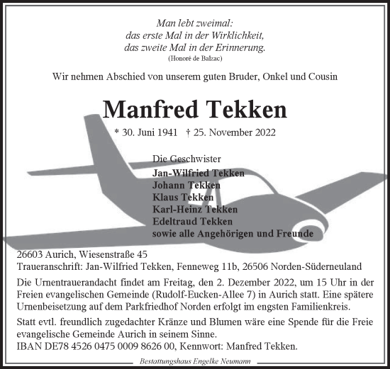 Traueranzeige von Manfred Tekken 