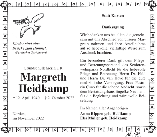 Traueranzeige von Margreth Heidkamp 