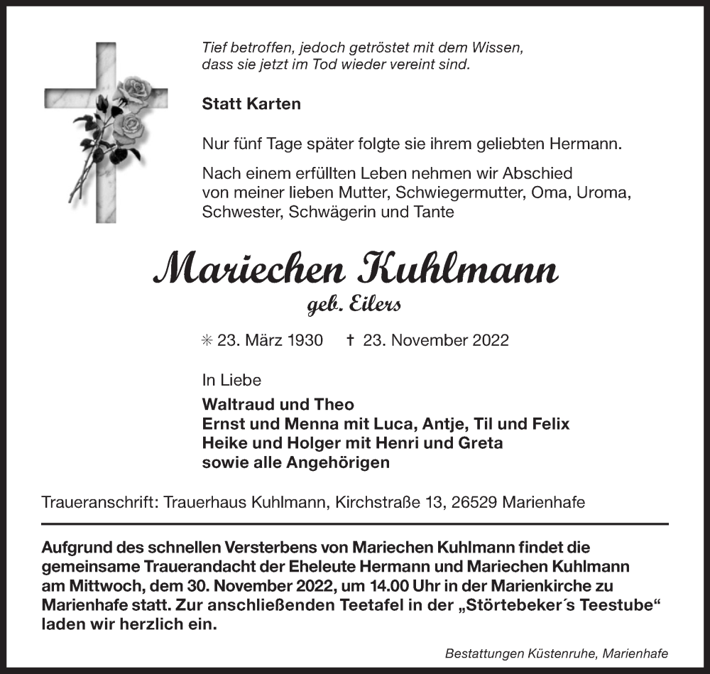  Traueranzeige für Mariechen Kuhlmann vom 24.11.2022 aus 