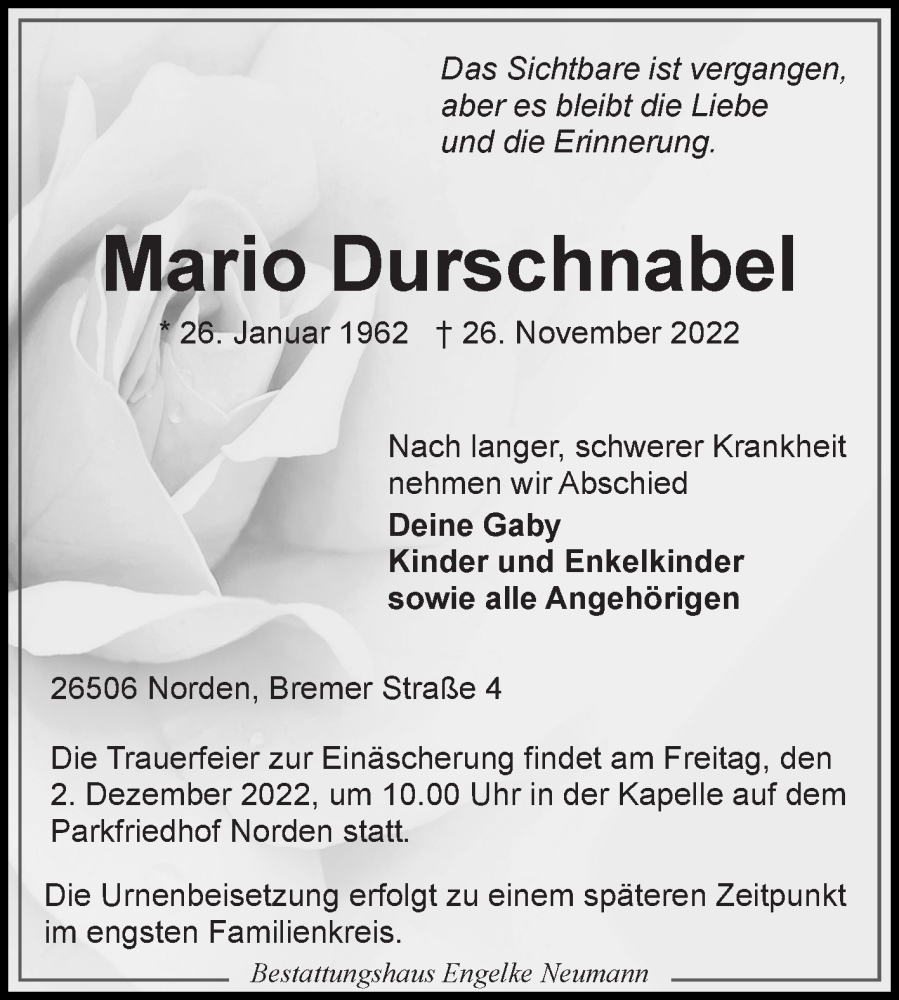  Traueranzeige für Mario Durschnabel vom 29.11.2022 aus 
