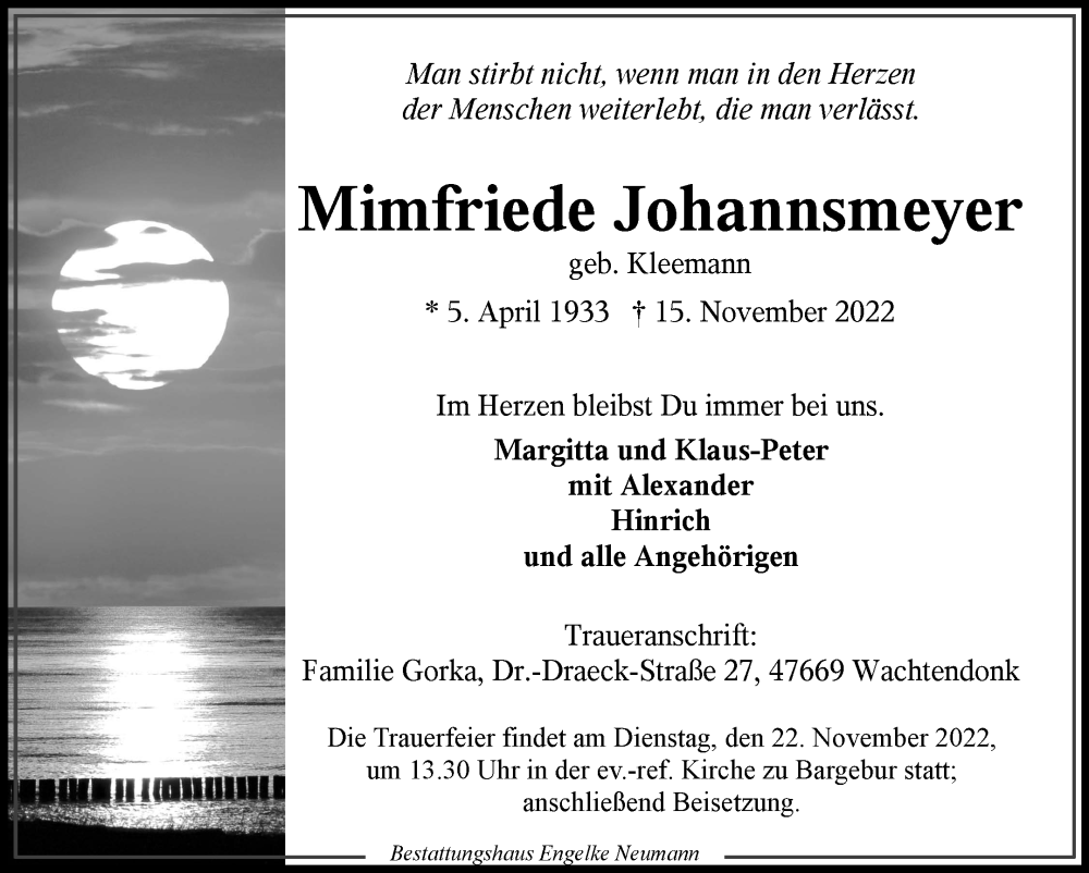  Traueranzeige für Mimfriede Johannsmeyer vom 17.11.2022 aus 