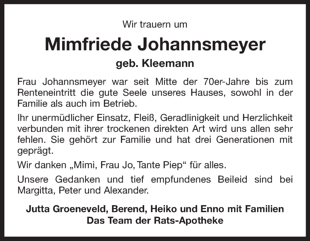  Traueranzeige für Mimfriede Johannsmeyer vom 19.11.2022 aus 
